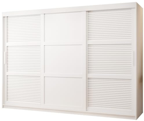 ABIKSMEBLE ŻALUZJA 3 Armoire à Trois Portes Coulissantes avec Barres et Étagères - Moderne Armoire de Rangement pour Chambre, Salon - Armoire à Rideaux - 200x250x62 cm - Blanc, Blanc, Argent