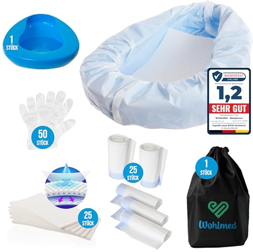 Wohlmed Bassin de lit extra confortable pour femmes et hommes, comprend 50 paires de gants, 25 inserts absorbants, 25 sacs jetables et un sac de protection discret – Bords arrondis, anti-odeur et