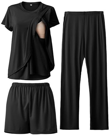 SUNNYBUY Set di 3 pigiama da allattamento dopo la nascita, casual, morbido, pigiama premaman, biancheria da notte, loungewear, strato di abbigliamento, Nero , M