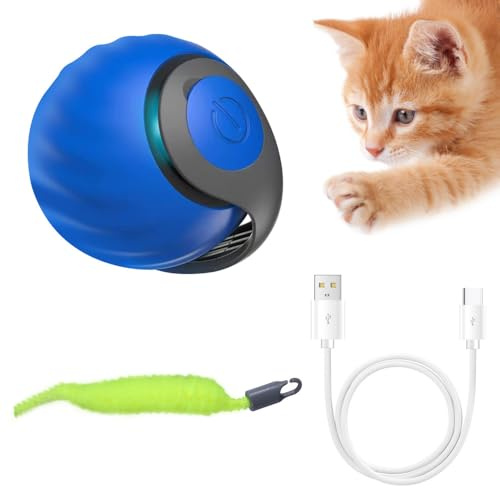 MiOYOOW Interaktives Katzenballspielzeug, 2 Modi Automatischer Katzenball Spielzeug, 2 Gang Einstellgeschwindigkeiten, Automatisches Katzenspielzeug Ball mit Schwanz zum Jagen von Katzen