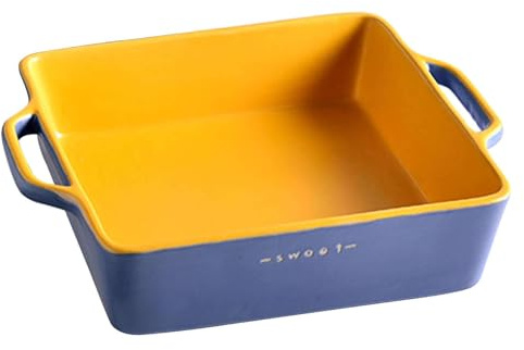Molde para lasaña Cuadrado de cerámica y Porcelana con asa, Molde Grande para Hornear, Fuente para Horno, Amarillo y Azul, 20 x 15 x 6 cm, 800 ml