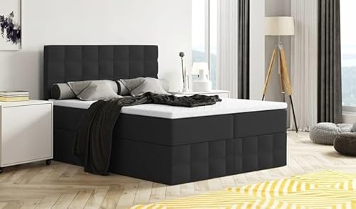 Generisch Moderne Boxspringbett MERA Premium Bett mit Bettkasten Ziernähten Bonell Matratze H3 Federkern Topper Polsterbett Doppelbett Schlafzimmer (Schwarz: Aura 18, 120 x 200 cm)