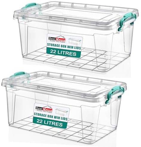 Best House| Plastic Storage Box with Clips & Lid |Size 22L (L:49.2cm W:32.5cm H:21cm)|Set of 2|Rectangle|Stackable Clear Durable Multipurpose Office Home Kitchen Tools Versatile(MEDIUM Size)-22 Litres