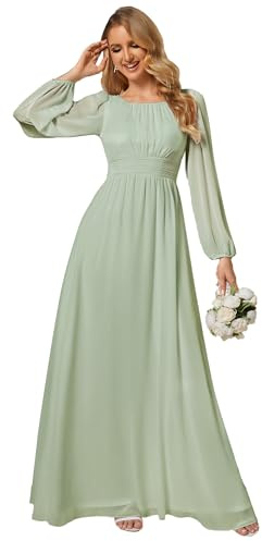 Ever-Pretty Damen Ballkleider Lange Ärmel Chiffon Rundkragen Ärmellos Elegant ES0106B | Rundhalsausschnitt, bodenlang, A-Linie, gesmokte Taille, Brautmutterkleider, Brautjungfernkleid, Abendkleid