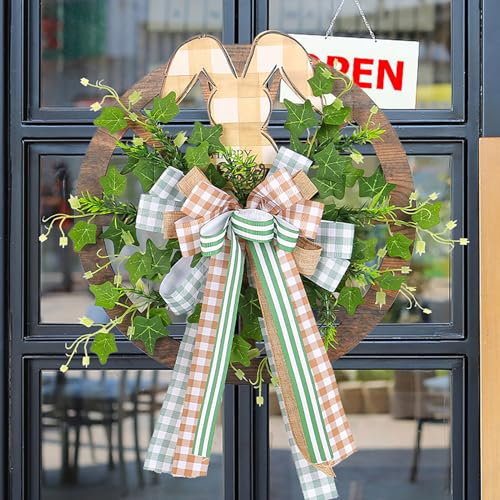 ZHDOKA 15 Zoll Runder Holzbrettkranz, Osterkranz mit Grünen Blättern mit Hölzernem Hasenschild und Großer Schleife, Blumenkranz für Frühling, Sommer, Innen- und Außenbereich,