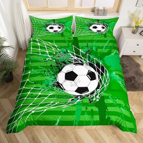 Homemissing Calcio stampato Copripiumino 220 x 240 cm gol di calcio Set di biancheria da letto per bambini ragazzi e adolescenti Sport tema Parure da letto Verde, Sport Calcio Set copripiumino