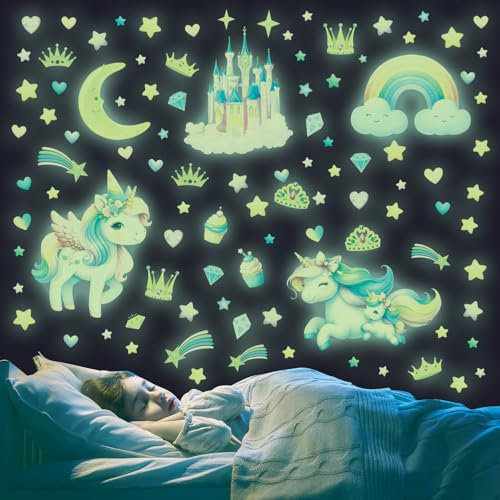 DECOWALL GSD4-8089 Stickers muraux phosphorescents Licorne pour enfants Étoiles Château lumineux Lune Arc-en-ciel Plafond Décoration de chambre lumineuse Filles Garçons