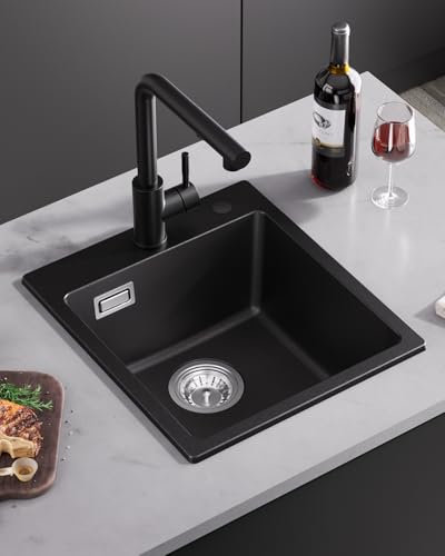 Softiy Lavandino Cucina Granito Nero, Lavello Cucina 1 Vasca 40x45cm, Lavabo Cucina con Sifone, Lavandino Cucina Rettangolare, Lavello da Incasso Con 2 Fori per Rubinetto, Facile da Pulire