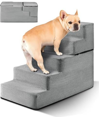 The Fellie Dog Steps, High Density Foam Dog Stairs, Foldable Pet Stairs for Bed Climbing, 5-Steps Dog Ramp with Washable Cover, Soft&Non-Slip Surface Steps for Older Injured Dogs Cats, 76x38x57cm,Grey