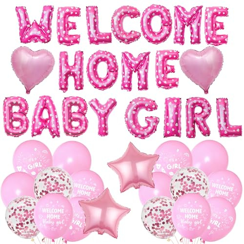 Welcome Home - Palloncini rosa per baby shower, a forma di stella, cuore, in alluminio, coriandoli stampati in lattice, per feste di compleanno per famiglie, ragazze, neonati