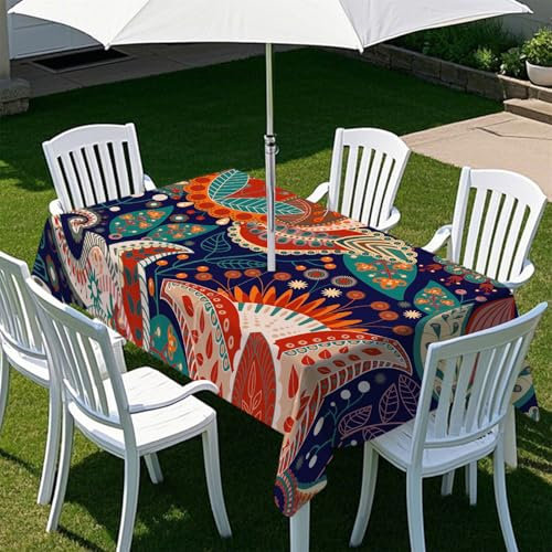 Fasbuy Bohème-Stil Tischdecke Outdoor, Rechteckige Tischdecke Abwaschbar, Tischdecken mit Schirmloch und Reißverschluss, Gartentischdecke für Terrasse, Garten, Party (Bunt,213x152cm)