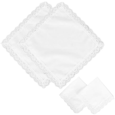 MIRKUZI Taschentücher für Damen 4 Stück 25 x 25 cm reinweiße quadratische Taschentücher für Damen mit Spitzendekoration, Braut, Hochzeit, Baumwollservietten