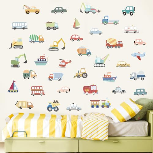 FUFUQUARE Cartoon Car Wall Stickers Transportation Vehicles Wall Decals | PVC Construction Peel and Stick DIY for Boys Nursery Bedroom Playroom Living Room