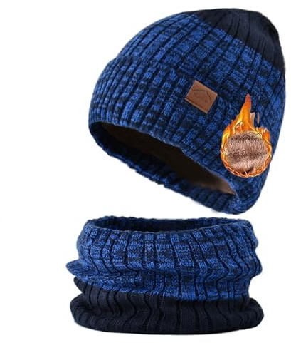 YAQUEKOU Kindermützen Schal Set, Wintermütze Beanie mit Schal Warme Strickmütze mit Fleece Gefütterte für Jungen und Mädchen Outdoor (4-10 Jahre) (Blau, 4-10 Jahre)