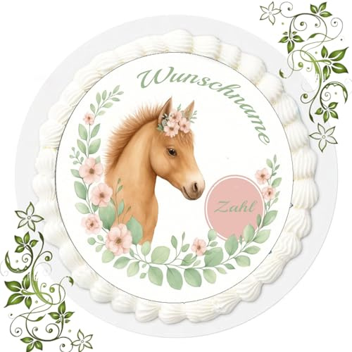 Personalisierter Tortenaufleger Ihr Wunschname und Zahl Zuckerbild mit Motiv Essbares Foto für Torten Tortenbild, Tortenaufleger Ø 20cm FONDANT gebrauchsfertig Motive Pferd Nr. W 3