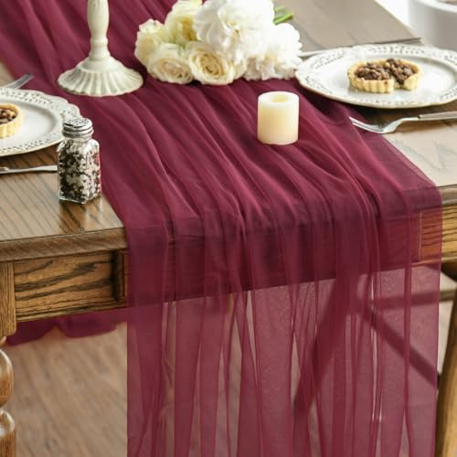 Artoid Mode Runner da tavola in garza bordeaux, 150 x 300 cm, stile bohémien, per Natale, cucina, sala da pranzo, matrimoni, vacanze, compleanni, decorazione per la casa e le feste