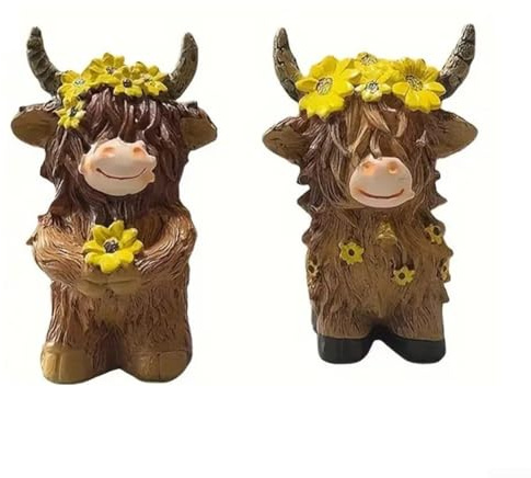 Juego de dos esculturas de vaca de resina con diseños de vaca de campana y flor, adecuadas para uso decorativo en el hogar u oficina