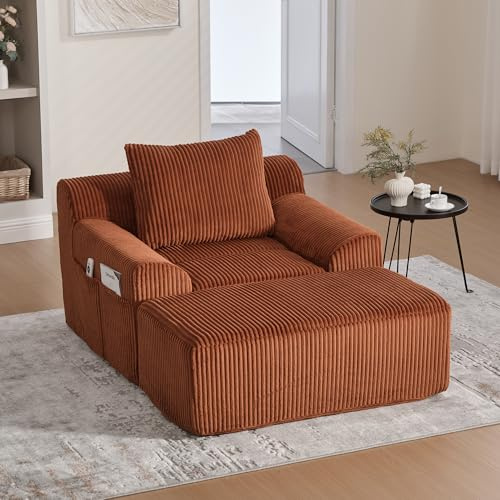 HAUSPROFI Übergroßer Schlafsofa aus Cord 1-Sitzer | Schlafsessel mit Fußstütze & Seitentaschen | Moderner Chaiselongue Sofa kein Aufbau | Relaxsessel für Wohnzimmer, Büro oder Apartment | Orange