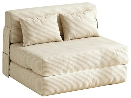 OPULENTHOME - Sofá cama convertible de 2 plazas plegable con almohadas, 2 en 1 sillón cama convertible de pana, sofá perezoso y calentador para dormitorio, salón (107 x 32 x 32 cm), color beige