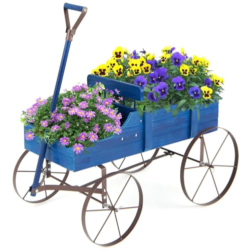 Nightcore Wagon Planter, Decorative Flower Cart w/ 2 Planting Sections, 4 Wheels & Adjustable Handle, Wooden Garden Planter for Outdoor Yard Patio (Blue)