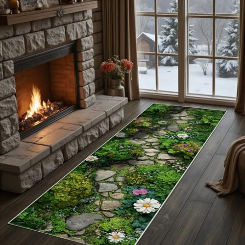 Meugesoi Grün Pflanzen Küchenteppich 80x180 cm Gänseblümchen Blumen Teppich Läufer Wildblumen Teppichläufer Flur Waschbar rutschfest, Küchenläufer Teppich für Küche Esszimmer Wohnzimmer