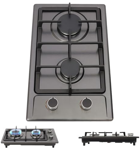 TONFEION Plaque de cuisson à gaz 2 flammes en acier inoxydable, pour gaz naturel & gaz liquéfié, 3KW + 1,75KW, Plan de travail/Installation encastrée, 51x31x10cm, Réchaud à gaz portable pour camping