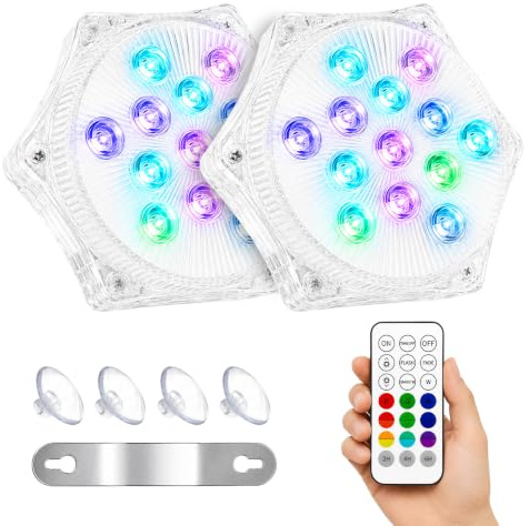 Éclairage Piscine LED Submersible Rechargeable, 2 PCS Lampe Étanche IP68 avec Télécommande RF, USB, Minuterie, RGB 13 LED, Ventouse et Aimant pour Piscine, Spa, Aquarium, Bassin, Vase, Fête
