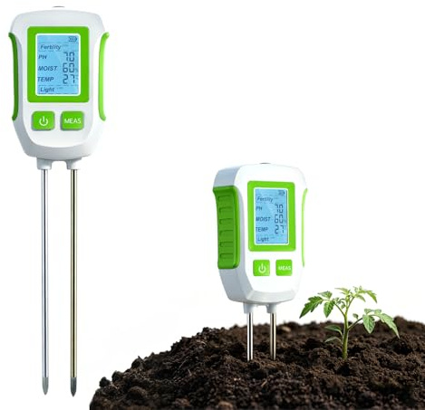 Mcbazel Tester del Suolo 5 in 1, Misuratore Multifunzionale per la Cura delle Piante per pH, Fertilità, Umidità, Temperatura e Luce, Sensore a Doppia Sonda con Display LCD Retroilluminato e Spegniment