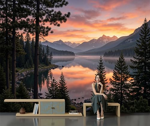 Fotomural de seda para pared Lagos Forestales Montañas Nevadas | Mural decorativo | Paisaje Natural Montaña Lago. Fotomural seda | 300x210cm | Decoración para comedores,salones y dormitorios