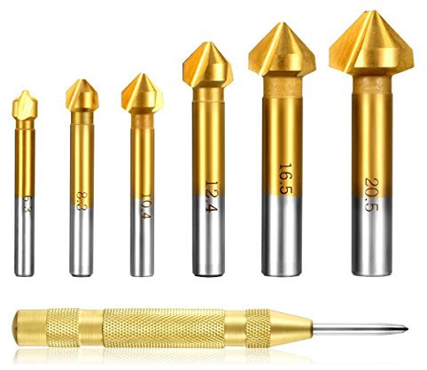 Estmoon 6 tlg 90° Kegelsenker Satz HSS Senker Set, Titan-Beschichtungen Ø 6,3-20,5 mm Senkbohrer mit 1 Pack Messing Automatische Center Bohrer Punch