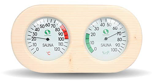 Sauna Klimamesser Messstation mit Thermometer und Hygrometer im Holzrahmen