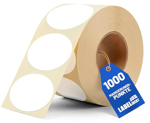Labelident Markierungspunkte, Klebepunkte weiß - Ø 50 mm - 1.000 bunte Papieraufkleber auf 1 Rollen, Inventuretiketten selbstklebend