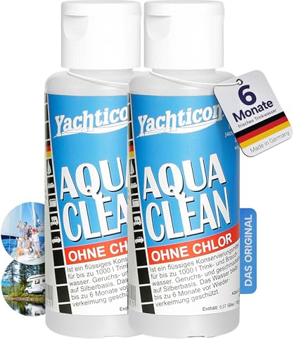 YACHTICON Aqua Clean Flüssig ohne Chlor – Trinkwasser-Konservierung für mittelgroße Wassertanks – hält bis zu 6 Monate frisch, auf Silberbasis, bewährte Formel seit 1982 – Made in Germany