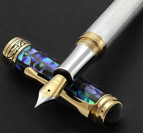 Xezo Maestro Fountain Pen, Fine Nib. Solid 925 Sterling Silver with Blue Pāua Sea Shell and 18 Karat Gold Plating. Handcrafted, Limited Edition, Serialized