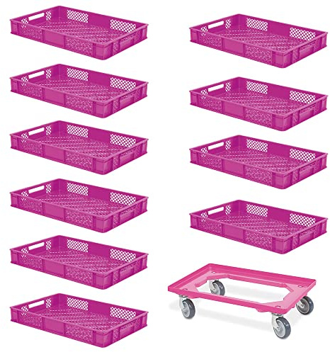 Lot de 10 boîtes Euro - 600 x 400 x 90 mm - Qualité industrielle - Qualité alimentaire - Rose - Avec 1 chariot de transport