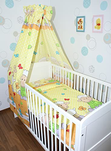Primawela Baby Bettset Bettwäsche mit Himmel Vollstoff - Schaf Gelb - Bettausstattung Set (4 teilig)