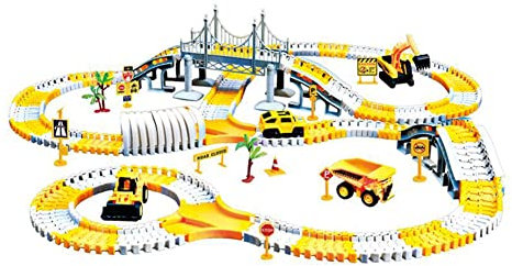 ikasus 222 Stücke Rennstrecken Spielzeug Set, Baufahrzeug Spielzeug, Flexible Trains Tracks Auto Spielzeug mit Baum und Brücke, Elektroauto Cars Autorennbahn, für Kleinkinder,Kinder,Jungen