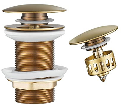 WOMAO Antique Bonde de Lavabo Pop Up Sans Trop Plein, Bouchon de Vidange avec Panier à Crépine,Bonde de vidage pour lavabo de salle de bain Laiton