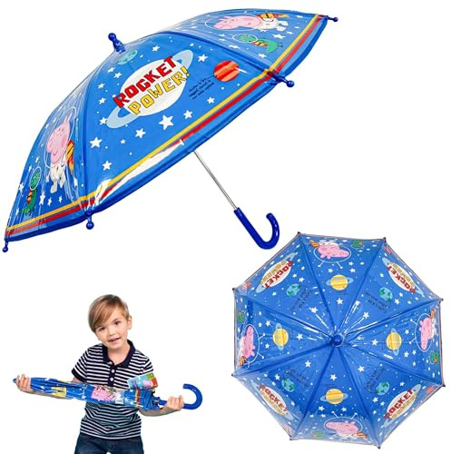 SRV Hub George Pig Kinder-Regenschirm aus PVC, 60 cm, klassischer, winddichter Jungen-Regenschirm für alle Jahreszeiten, perfekt für regnerische Abenteuer, zuverlässig und wasserdicht, 3–7 Jahre