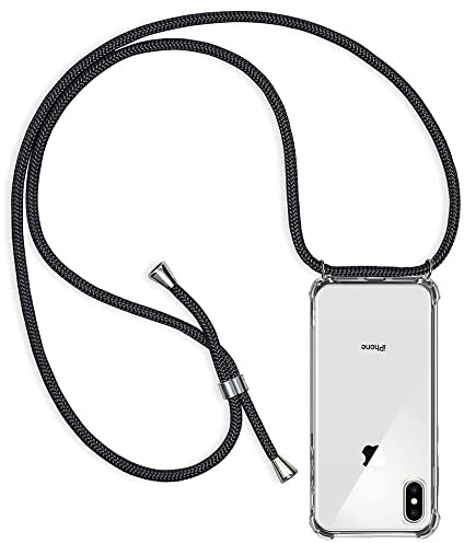 ZYIMOU für iPhone X/iPhone XS Hülle mit Band, Handyhülle iPhone X/iPhone XS Handyband Hülle mit Kette Schutzhülle Kordel zum Umhängen Transparent Weich TPU Silikon Bumper, Schwarz
