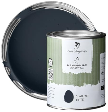 MissPompadour edelmatte Wandfarbe Blau mit Tinte 1L - sehr hohe Deckkraft - geruchsneutrale, spritzfreie Farbe - atmungsaktive, wasserbasierte Innenfarbe/Deckenfarbe - Die Wertvolle