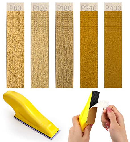 Abeillo 50 Stück Schleifpapier mit Schleifklotz Set, Schleifblätter Nass Trocken Körnung 80/120/180/240/400 Sandpepier Blatt für Holzhandwerk, 9 x 3 mm Handschleifblock für Schleifen und Polieren