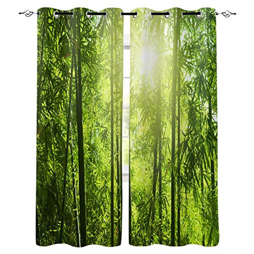 MDKLXIDF Vorhang grüner Bambus Vorhänge Blickdicht mit Ösen 2er Set, Verdunkelungsvorhang Gardinen Polyester für Schlafzimmer Kinderzimmer Wohnzimmer Dekoration - H 138 x B 117 cm