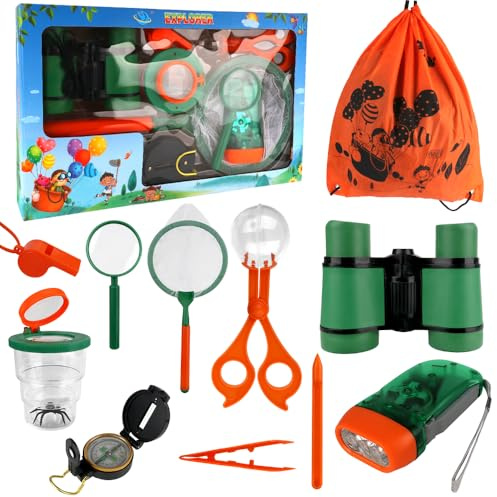 Dhqkqg 11Pcs Forscherset für Kinder, Entdecker Set für Kinder Mit Fernglas Kinder, Insektenfänger, Kompass, Becherlupe, Rucksack, Pinzette, tolles Outdoor Camping Spielzeug für Jungen und Mädchen