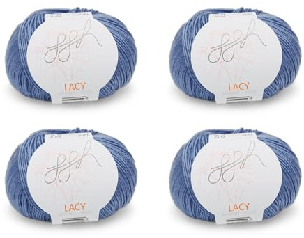 ggh Lacy Set | 4x25g (insgesamt 100g) Set| 150m/25g Merinowolle mit Seide zum Stricken | Farbe 021 - Blau