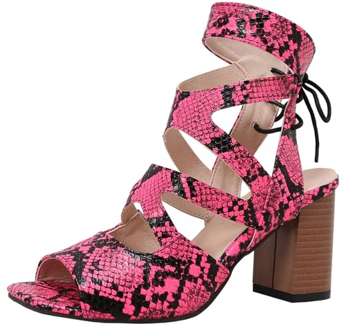 CHICMARK Sandalias vintage con cordones para mujer, tacón alto y puntera abierta, fucsia, 45 EU