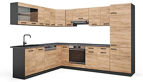 Vicco Eckküche R-Line, Goldkraft Eiche/Anthrazit, 287 x 227 cm | 12 Module · Höhenverstellbare Füße · AP Anthrazit inkl. · Robuste Fronten · Mit Kühlschrankumbauschrank