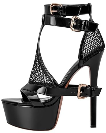MissHeel Opened Round Toe Stiletto Pump Sandals T-strap Double Grommets Buckle Strappy Fishnet Material Platform Summer Shoes