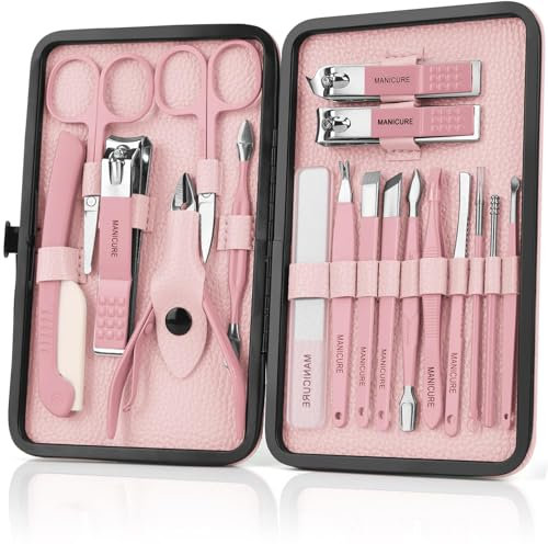 OWill Set Manicure Professionale 18 Pezzi,Kit unghie per Uomo/Donna,Set pedicure con Borsa,include tagliaunghie,lime per unghie e altri strumenti per pedicure,Set unghie grooming kit viaggio(rosa)