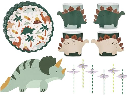 Dino Geschirrset 48 Teile – Partygeschirr Kindergeburtstag Dinosaur | Dinosaurier Geschirrset mit Tellern, Becher-Sleeves, Servietten & Trinkhalmen – für Jungen & Mädchen